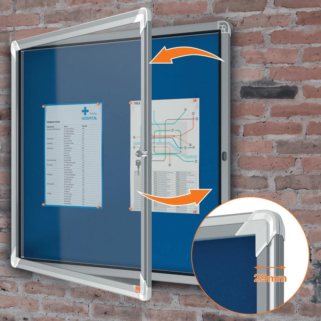 Intérieure, fond en feutre bleu, 6 x A4 Vitrine d'affichage Premium Plus NOBO - Vitrine d'affichage d'intérieur nobo Premium Plus en feutre bleu 6 x A4, porte battante ouverte