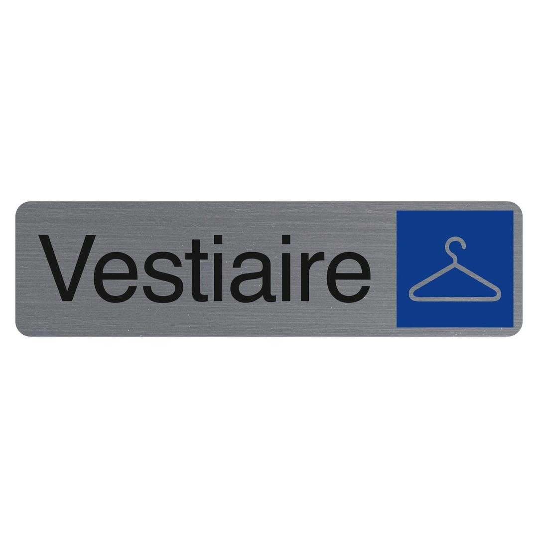 Aspect aluminium brossé, 165 x 44 mm Plaque Vestiaire adhésive 67166E EXACOMPTA - Plaque adhésive Vestiaire EXACOMPTA 67166E, pictogramme cintre sur pavé bleu