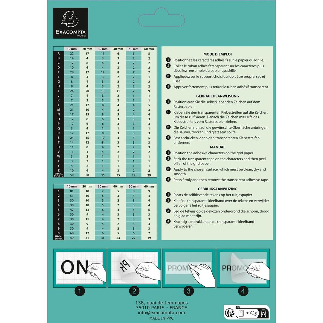 Vinyle noir, hauteur 50 mm, 4 planches Chiffres adhésifs 67374E EXACOMPTA - Dos de la pochette EXACOMPTA 67374E : mode de pose et nombre de caractères