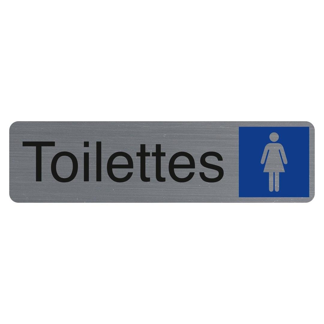 Aspect aluminium brossé, 165 x 44 mm Plaque toilette femmes adhésive 67163E EXACOMPTA - Plaque adhésive Toilettes EXACOMPTA 67163E, silhouette de femme sur pavé bleu