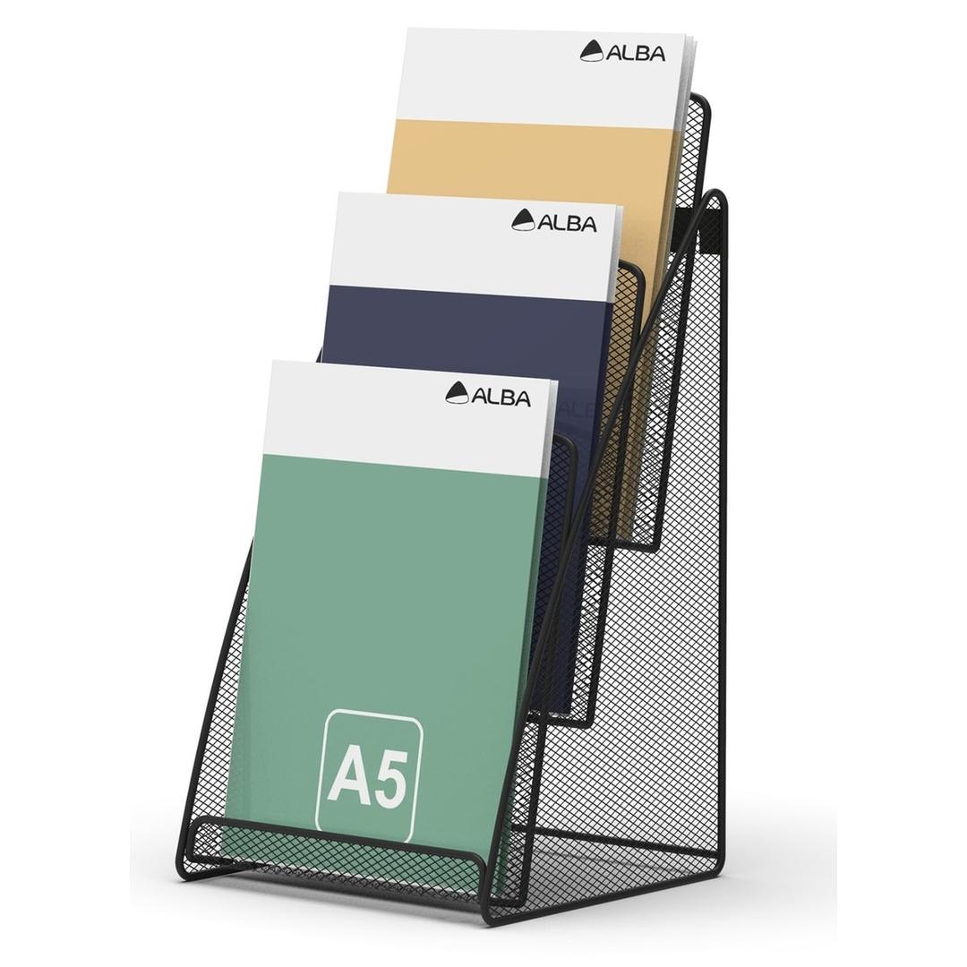 A5, 3 casiers, métal noir Porte-brochures MESHPREZ ALBA - Porte-brochures ALBA MESHPREZ A5, garni de brochures