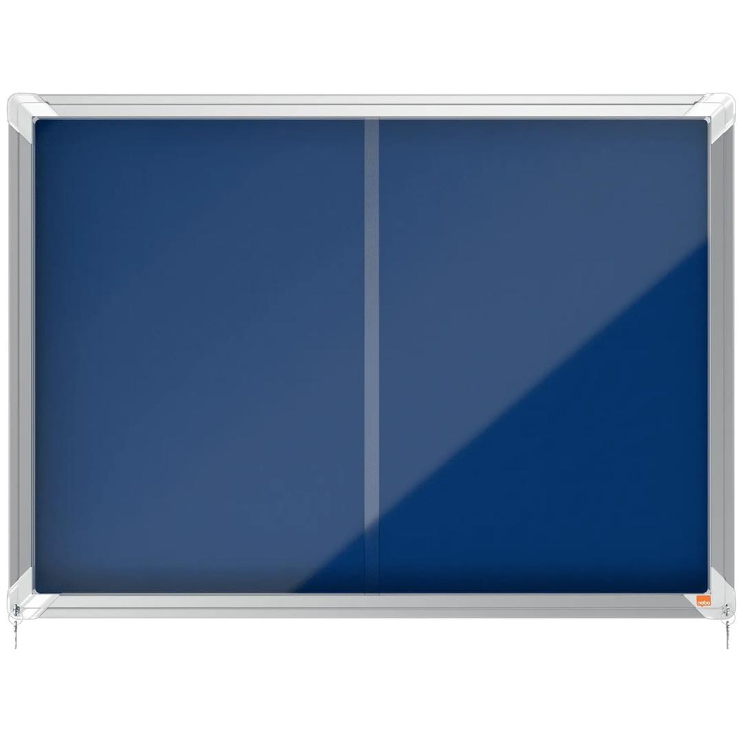 Intérieure, portes coulissantes, fond en feutre bleu, 8 x A4 Vitrine d'affichage Premium Plus NOBO - Vitrine d'affichage nobo Premium Plus à portes coulissantes, feutre bleu 8 x A4, vue de face