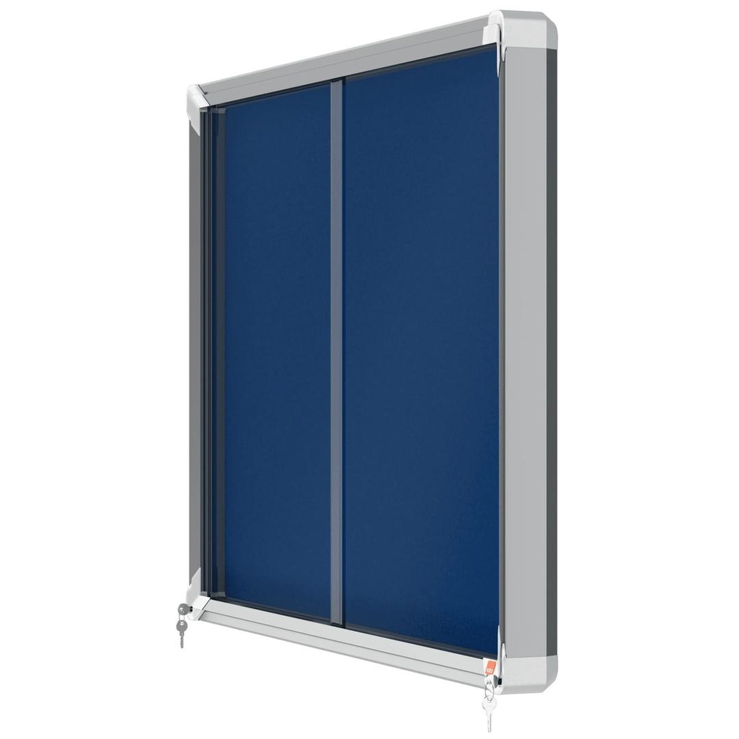 Intérieure, portes coulissantes, fond en feutre bleu, 8 x A4 Vitrine d'affichage Premium Plus NOBO - Vitrine d'affichage nobo Premium Plus à portes coulissantes, feutre bleu 8 x A4, vue de profil