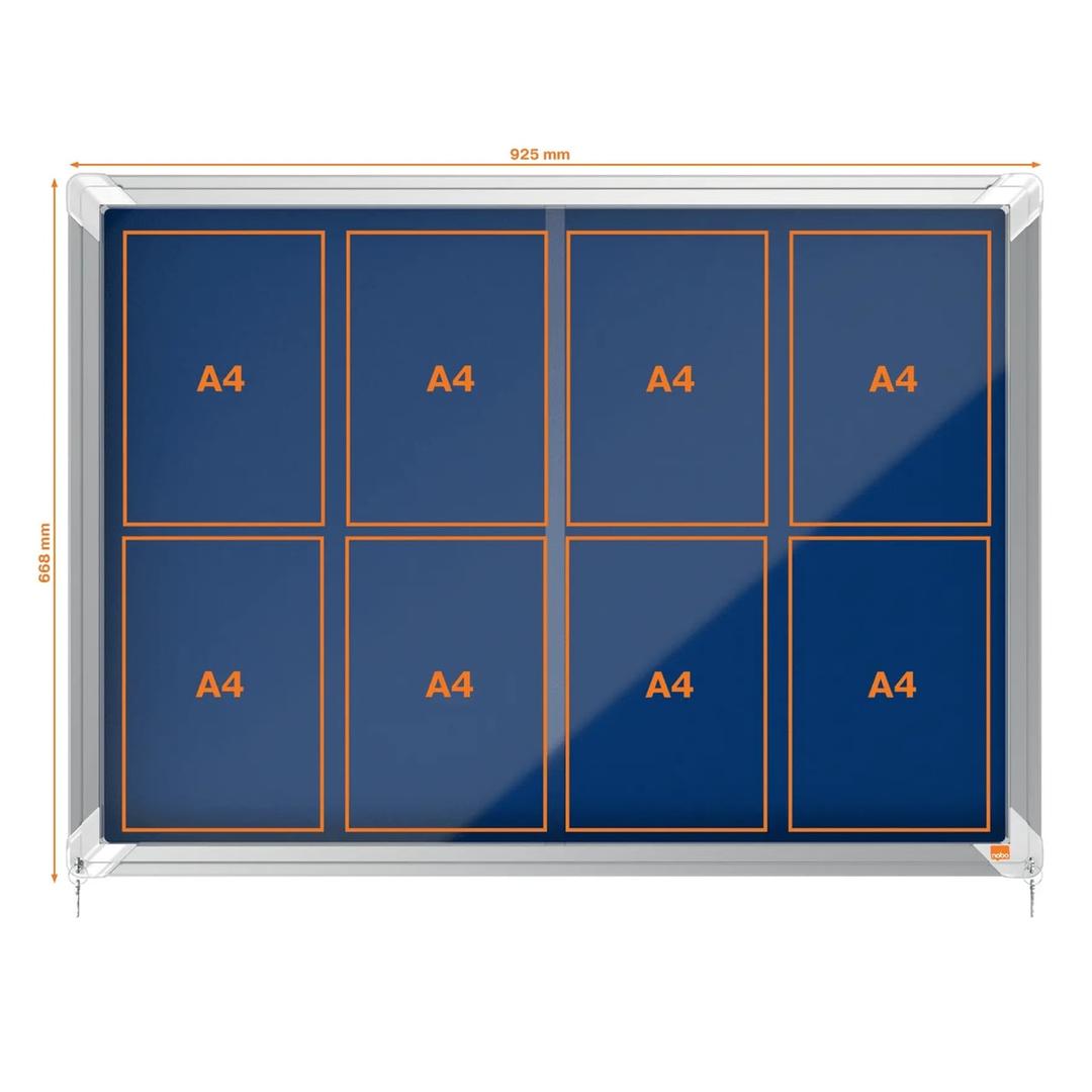 Intérieure, portes coulissantes, fond en feutre bleu, 8 x A4 Vitrine d'affichage Premium Plus NOBO - Vitrine d'affichage nobo Premium Plus à portes coulissantes, feutre bleu 8 x A4, plan des emplacements A4