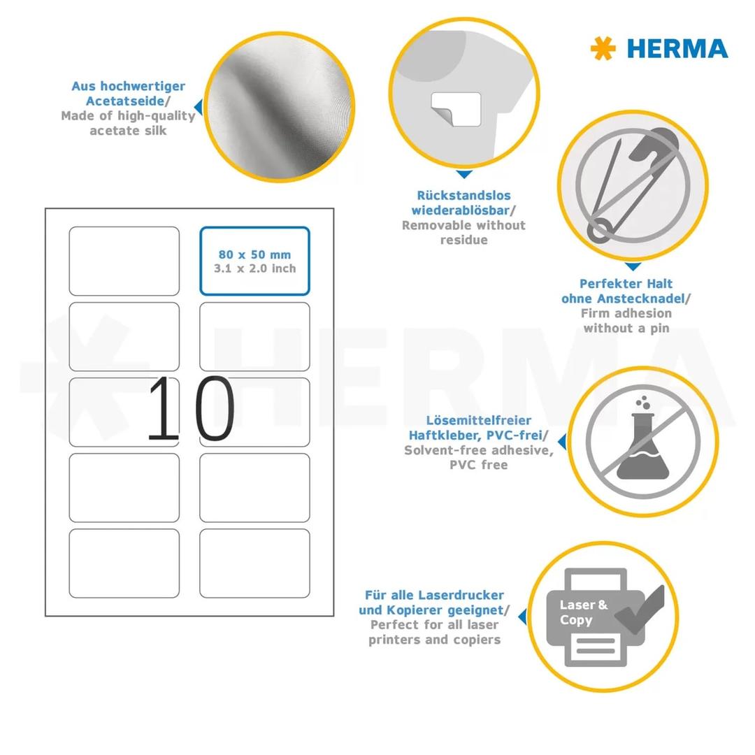 80 x 50 mm, 250 étiquettes Étiquette badge textile HERMA - Infographie des étiquettes badges HERMA 80 x 50 mm en soie d'acétate