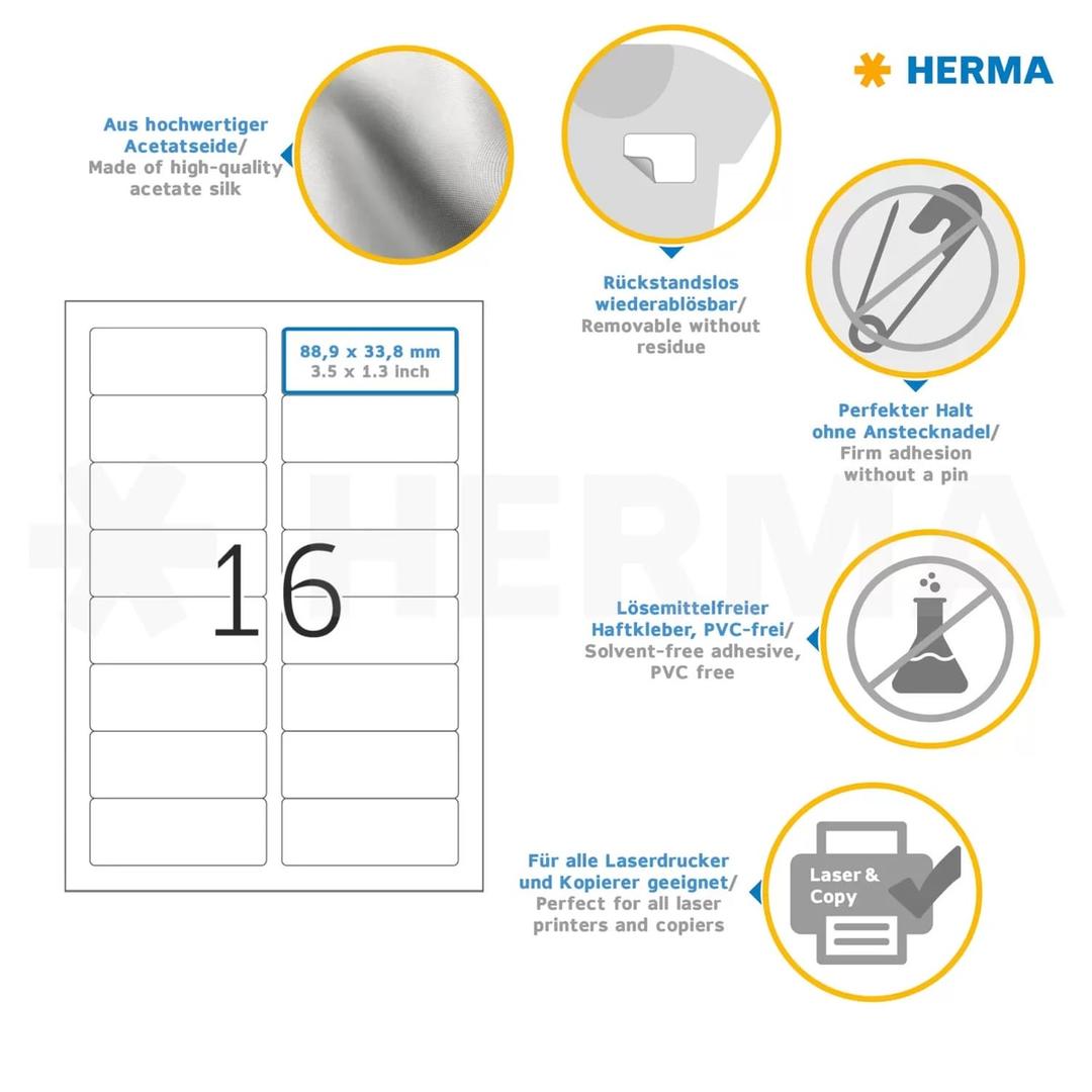 88,9 x 33,8 mm, 160 étiquettes Étiquette badge textile HERMA - Infographie des étiquettes badges HERMA 88,9 x 33,8 mm en soie d'acétate
