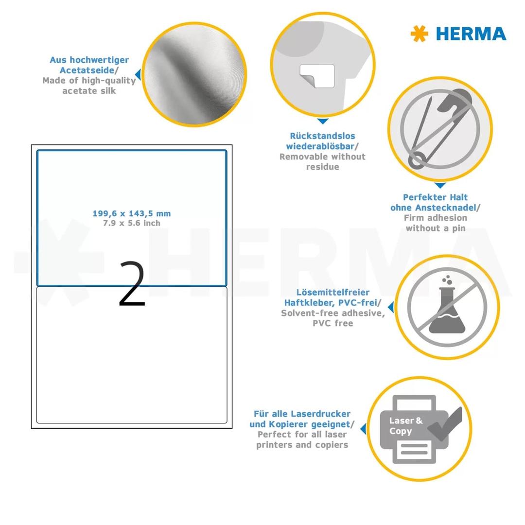 199,6 x 143,5 mm, 40 étiquettes Étiquette badge textile HERMA - Infographie des étiquettes badges HERMA 199,6 x 143,5 mm en soie d'acétate