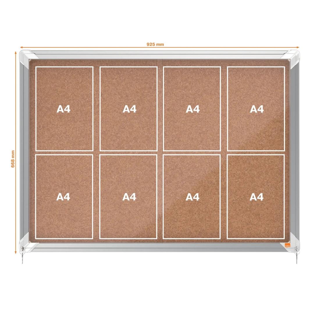Intérieure, portes coulissantes, fond en liège, 8 x A4 Vitrine d'affichage Premium Plus NOBO - Vitrine d'affichage nobo Premium Plus à portes coulissantes en liège 8 x A4, plan des emplacements A4