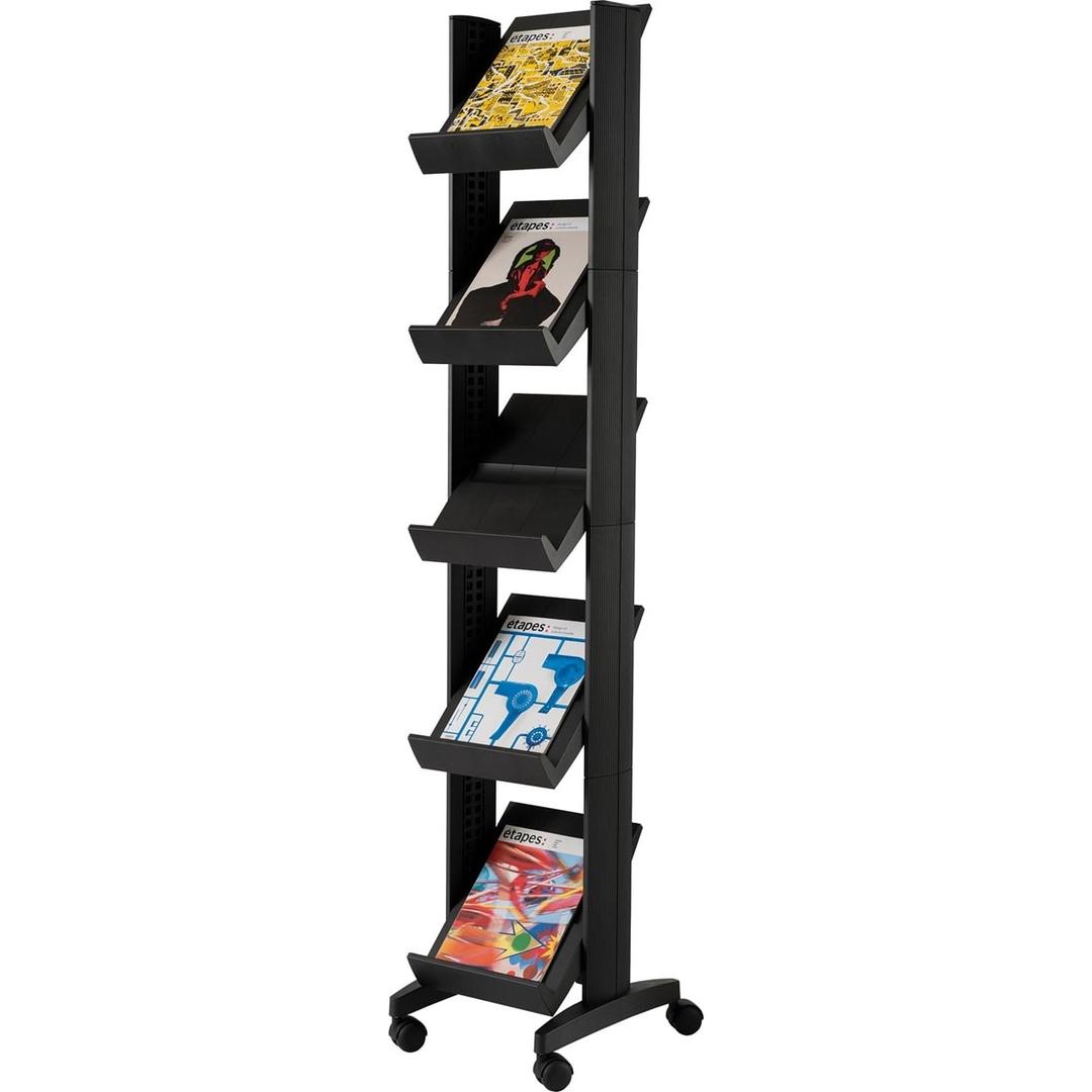 5 tablettes pour 5 documents A4, sur roulettes, noir Présentoir documentation Corner PAPERFLOW - Présentoir documentation PAPERFLOW Corner noir, 5 tablettes chargées de revues