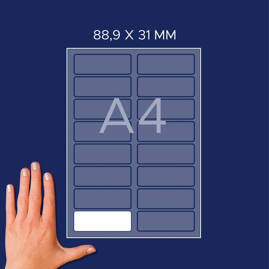 88,9 x 31 mm, 320 étiquettes Étiquette badge textile laser AVERY - Planche A4 de 16 étiquettes badges AVERY 88,9 x 31 mm