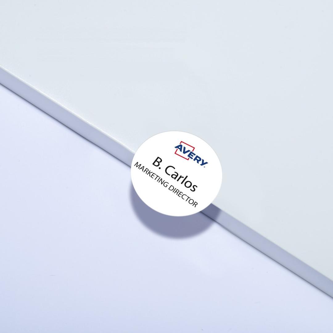 65 mm, 160 étiquettes Étiquette badge textile laser ronde AVERY - Étiquette badge ronde AVERY 65 mm imprimée