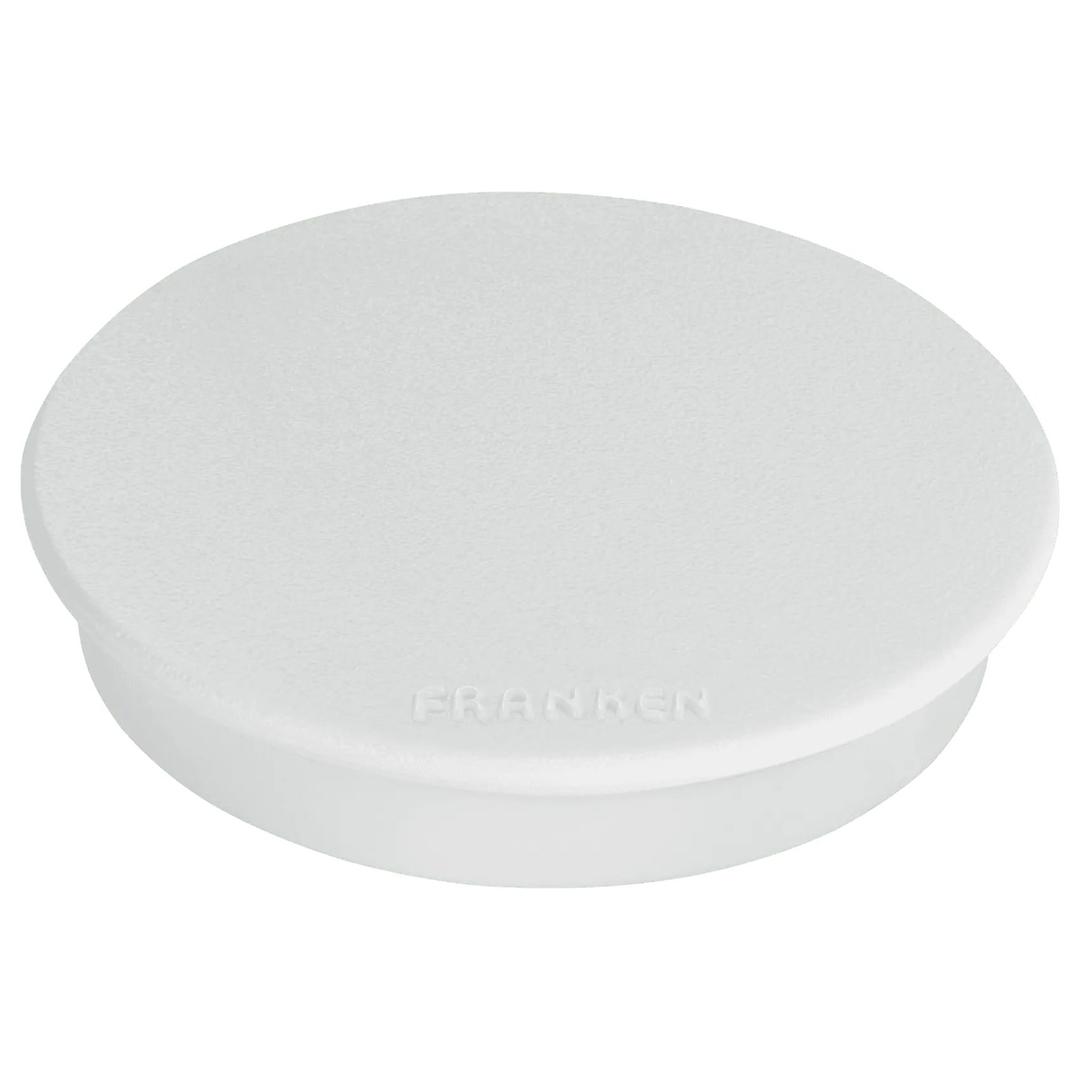 32 mm, 0,8 kg, boîte de 10, blanc Aimant tableau blanc rond FRANKEN - Aimant rond FRANKEN 32 mm blanc, gros plan du logo en relief