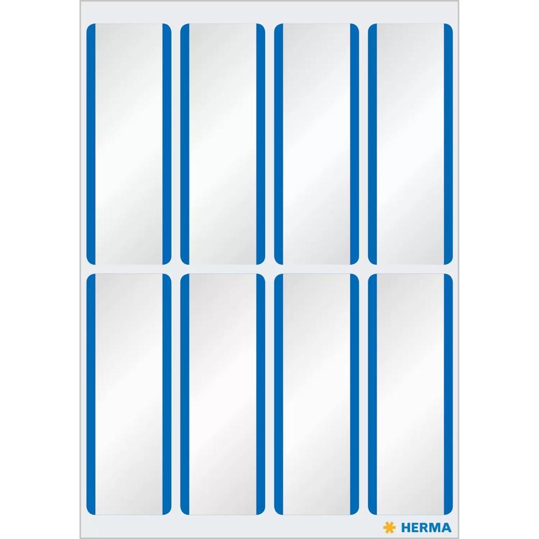 16 étiquettes, rayure bleue Étiquette badge à écrire 54 x 19 mm HERMA - Feuille d'étiquettes badges HERMA blanches à rayure bleue