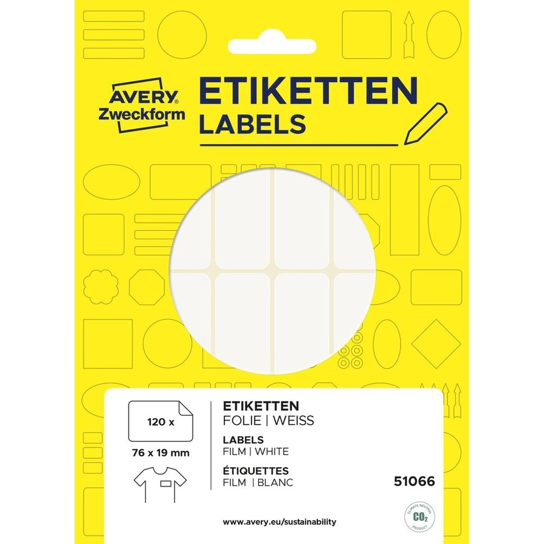 76 x 19 mm, film, 120 étiquettes Étiquette badge à écrire AVERY - Pochette AVERY Zweckform de 120 étiquettes nominatives 76 x 19 mm en film