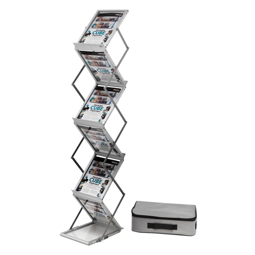 6 cases A4 double face, aluminium, mallette de transport Présentoir documentation pliable DEFLECTO - Présentoir documentation pliable deflecto, 6 cases A4, avec sa mallette de transport