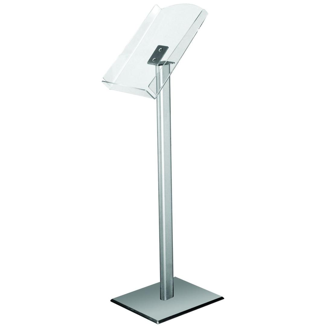 1 case A4, hauteur 78 cm, aluminium et acier Présentoir documentation sur pied EUROPEL - Présentoir documentation EUROPEL sur pied, 1 bac A4 incliné