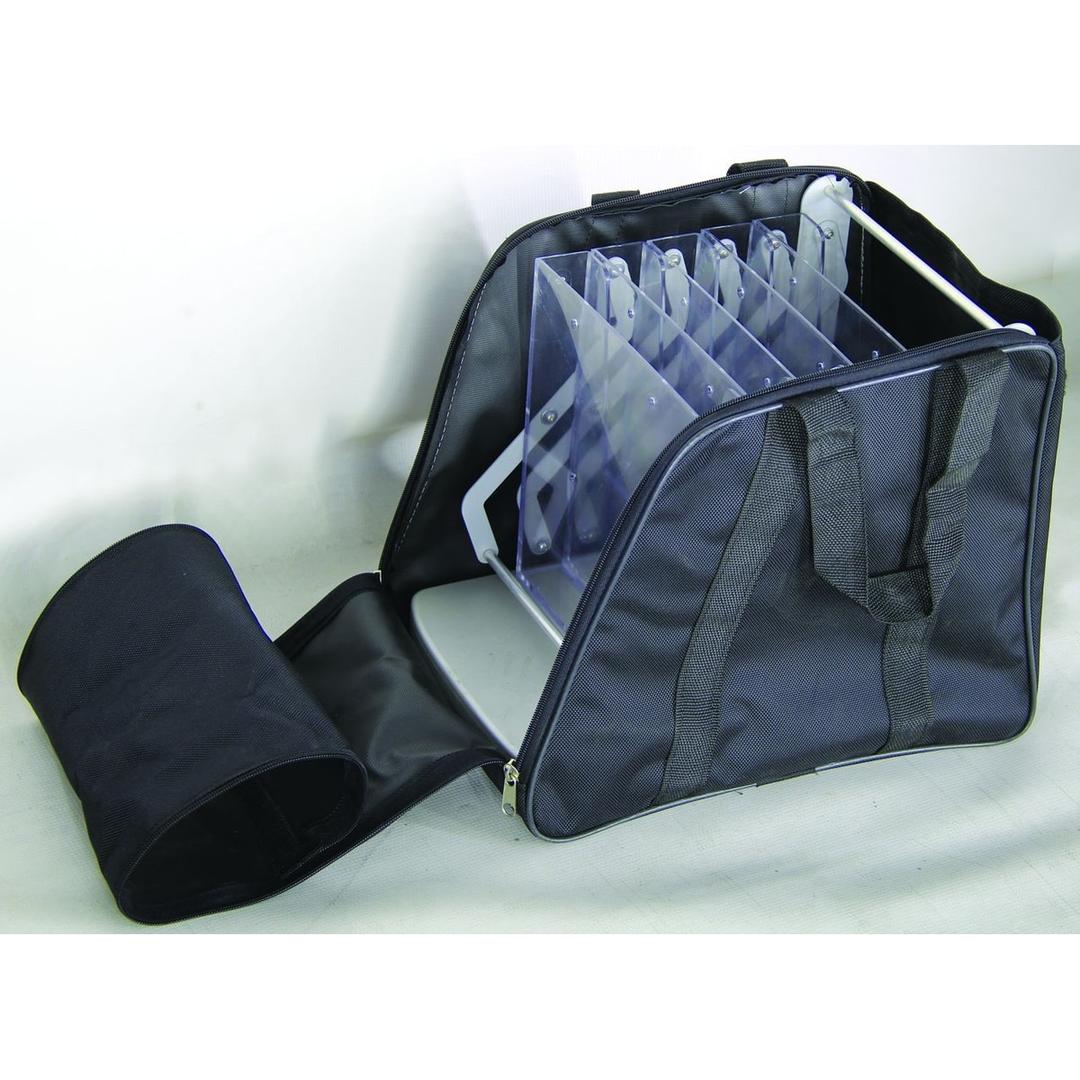 5 cases A4, sac de transport, aluminium Présentoir documentation pliable EUROPEL - Présentoir EUROPEL 350600 replié dans son sac de transport