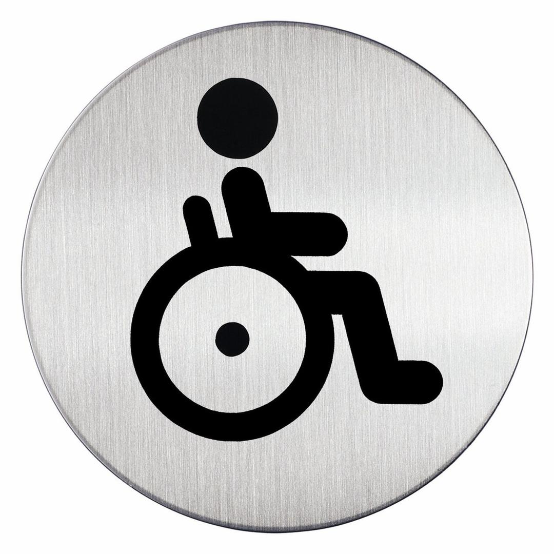 Inox brossé, Ø 83 mm Plaque WC handicapés 4906 DURABLE - Plaque WC handicapés DURABLE 4906 ronde en inox brossé, fauteuil roulant noir