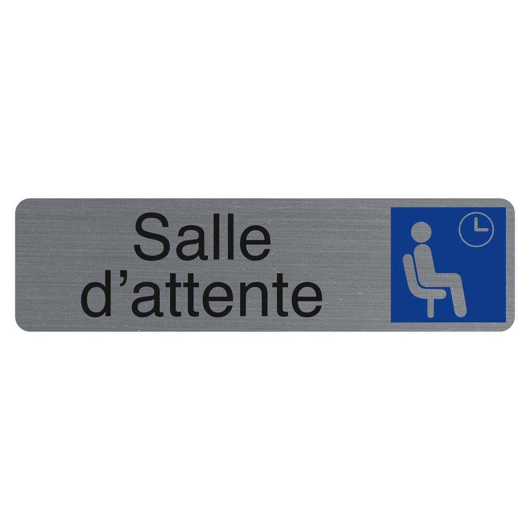Aspect aluminium brossé, 165 x 44 mm Plaque Salle d'attente adhésive 67167E EXACOMPTA - Plaque adhésive Salle d'attente EXACOMPTA 67167E, pictogramme personne assise sur pastille bleue
