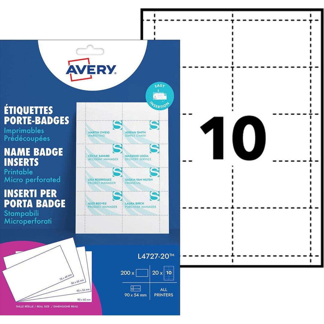 54 x 90 mm, 200 cartes Carte badge imprimable AVERY - Emballage des cartes badge imprimables AVERY L4727-20 et gabarit de la planche