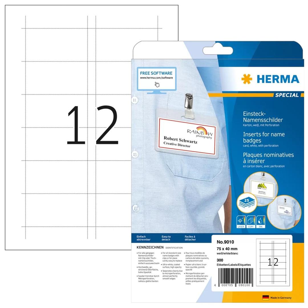 75 x 40 mm, 300 cartes Carte badge imprimable HERMA - Emballage des cartes badge imprimables HERMA 9010 et gabarit de 12 cartes