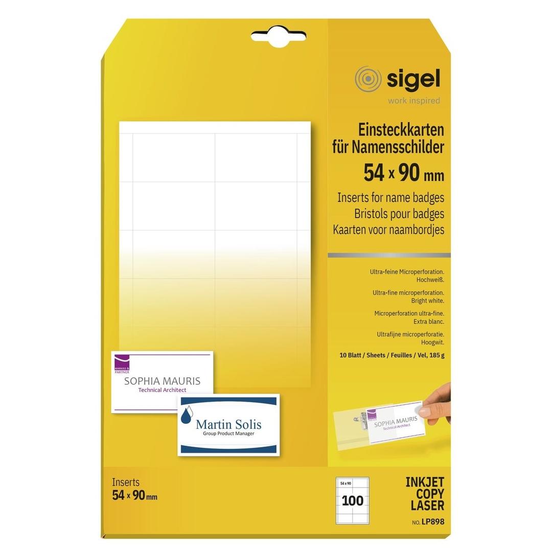 54 x 90 mm, recto verso, 100 cartes Carte badge imprimable SIGEL - Emballage de 100 cartes badge imprimables sigel 54 x 90 mm