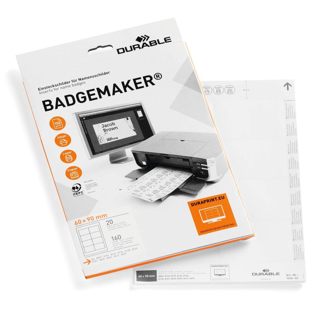 60 x 90 mm, 160 cartes Carte badge imprimable BADGEMAKER DURABLE - Planches d'insertion BADGEMAKER DURABLE 60 x 90 mm, 160 cartes sur 20 feuilles A4
