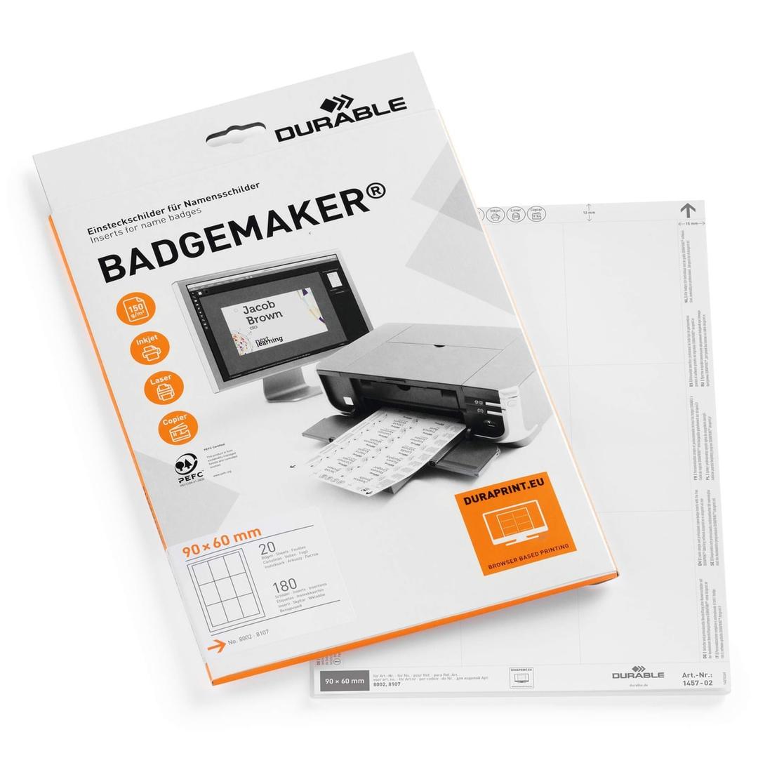 90 x 60 mm, portrait, 180 cartes Carte badge imprimable BADGEMAKER DURABLE - Planches d'insertion BADGEMAKER DURABLE 90 x 60 mm, portrait, 180 cartes sur 20 feuilles A4
