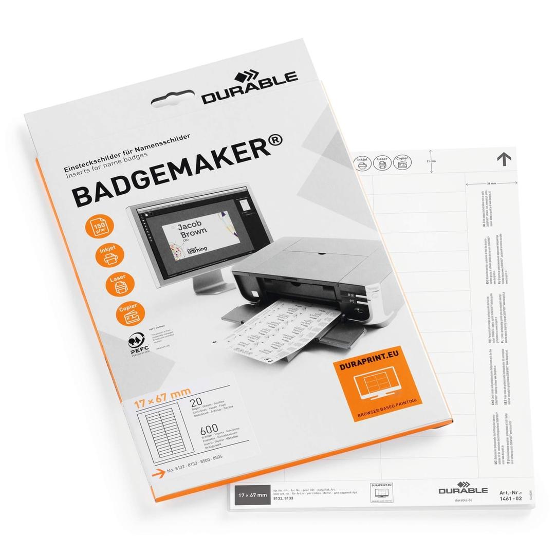 17 x 67 mm, 600 cartes Carte badge imprimable BADGEMAKER DURABLE - Planches d'insertion BADGEMAKER DURABLE 17 x 67 mm, 600 cartes sur 20 feuilles A4