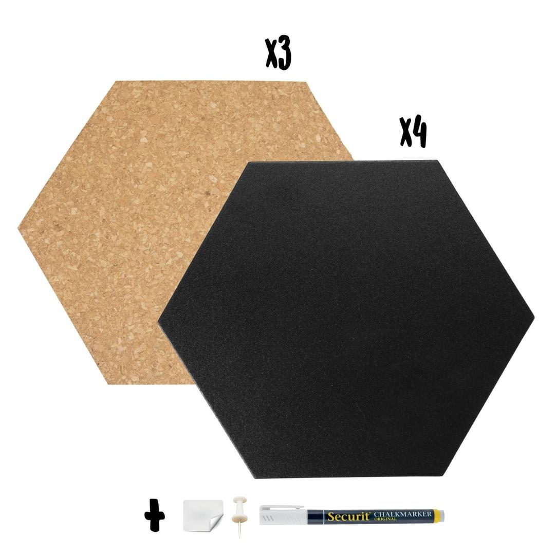 Lot de 7 hexagones, 4 ardoises et 3 liège Tableau craie et liège SILHOUETTE SECURIT - Set ardoises et liège Securit SILHOUETTE hexagones, avec ses pastilles de fixation et son feutre-craie