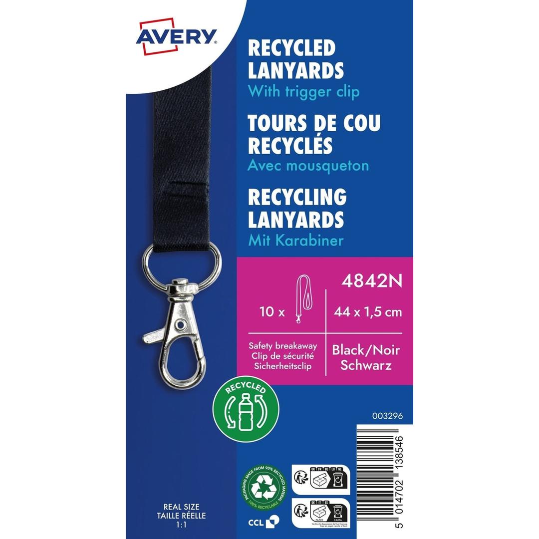 Clip de sécurité, 440 x 15 mm, lot de 10, noir Lanière badge en PET recyclé AVERY - Étui de 10 lanières badge AVERY en PET recyclé, noir