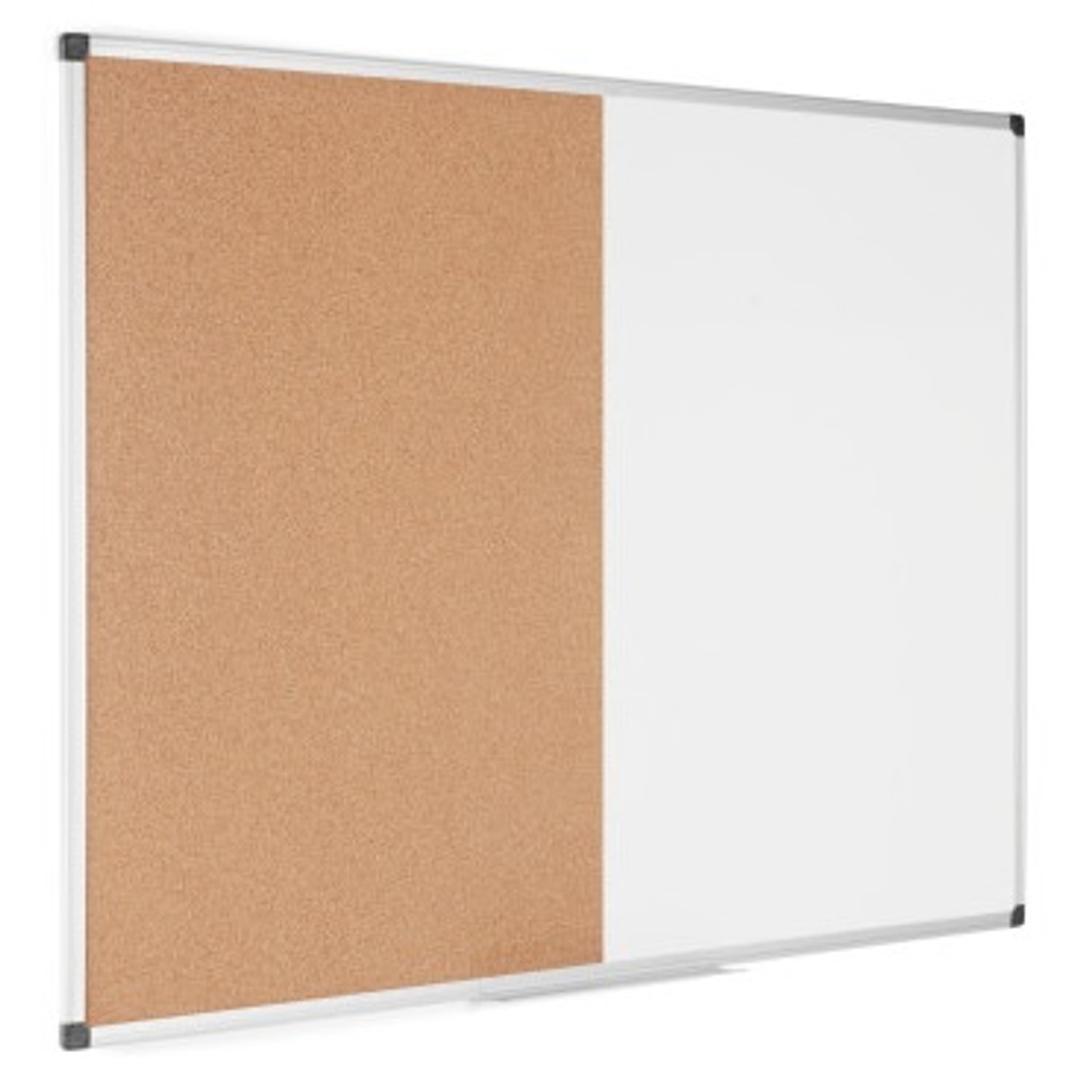 Magnétique, cadre aluminium, 900 x 600 mm Tableau blanc et liège Maya BI-OFFICE - Tableau blanc et liège Bi-Office Maya, cadre en aluminium, vu de biais