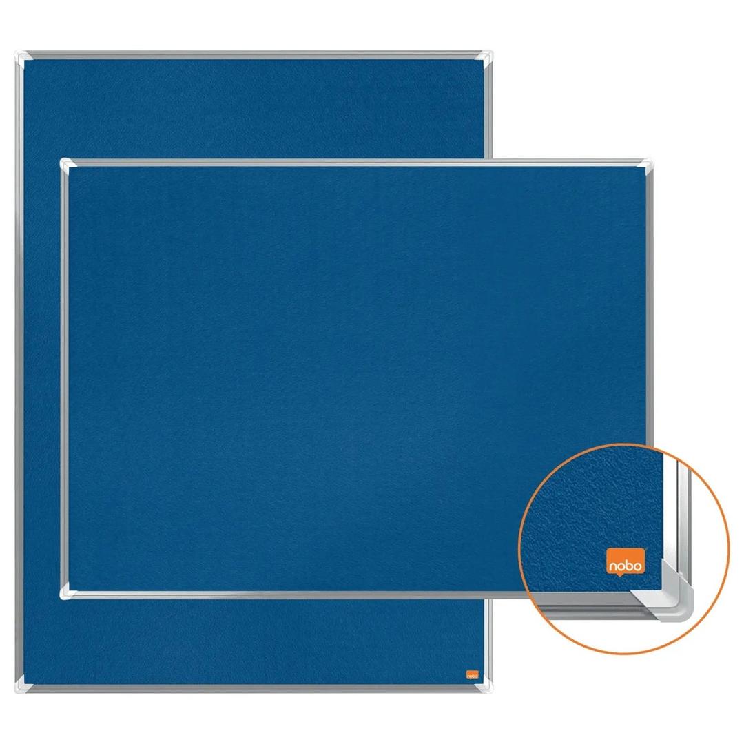 Tableau feutrine nobo Premium Plus bleu à cadre aluminium, 900 x 600 mm, en largeur ou en hauteur, détail du coin