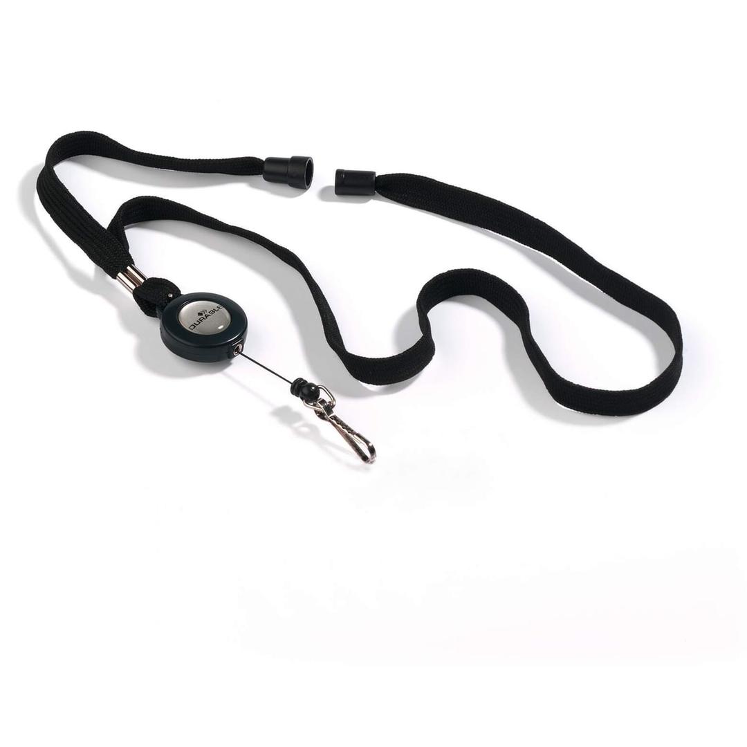 Enrouleur badge DURABLE noir avec lanière textile et mousqueton