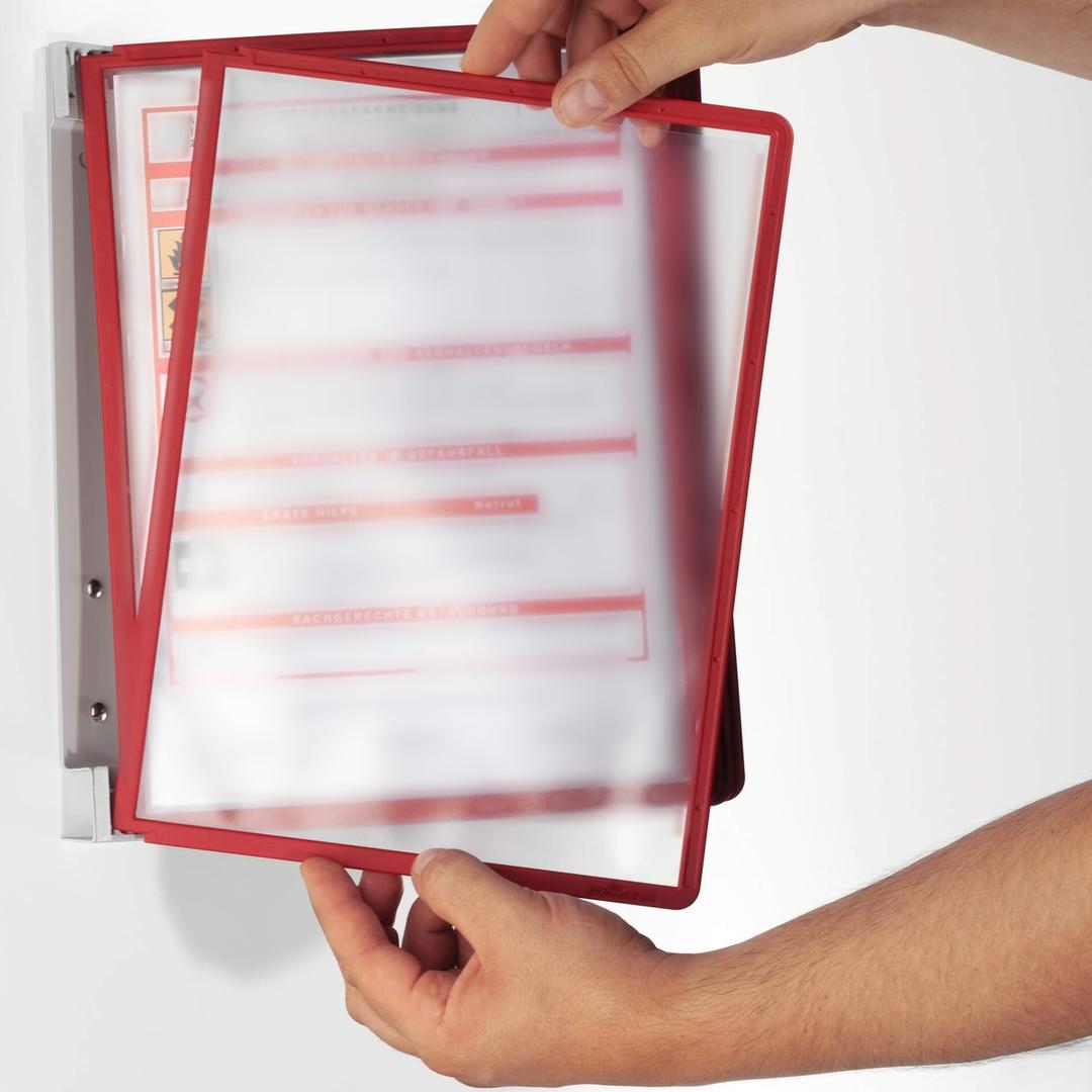 Porte document A4 mural DURABLE VARIO à 5 pochettes rouges feuilletées à la main