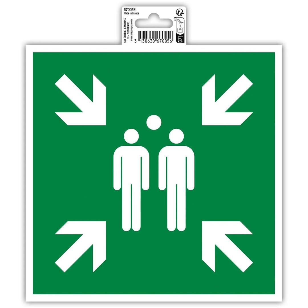 Panneau point de rassemblement EXACOMPTA 67005E, flèches et personnages blancs sur fond vert