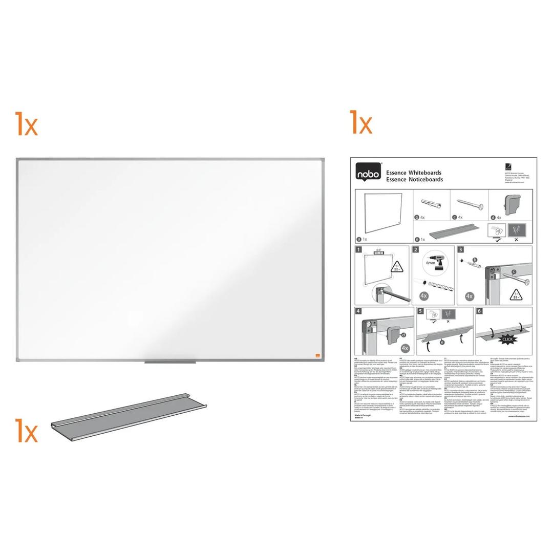 Contenu de la boîte du tableau blanc nobo Essence : tableau, auget et notice