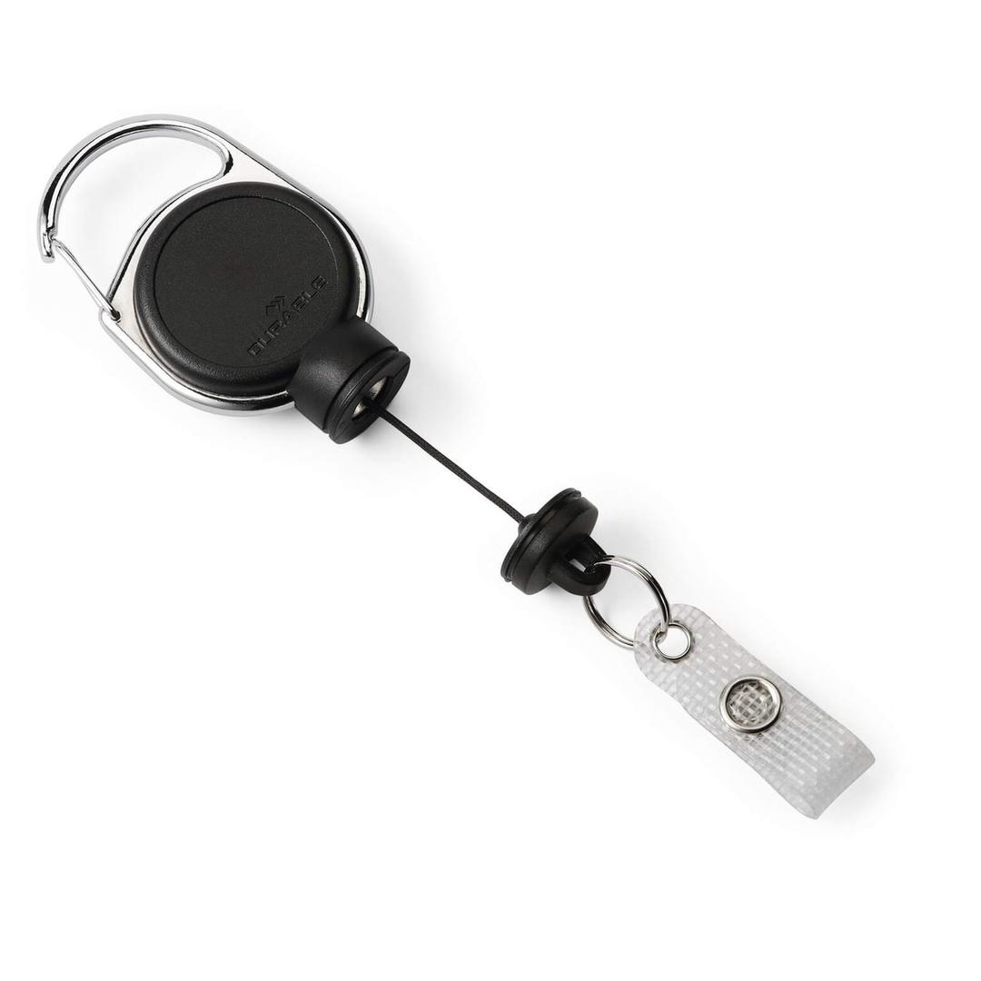 Enrouleur badge EXTRA STRONG DURABLE noir, clip, anneau porte-clés et lanière à bouton-pression