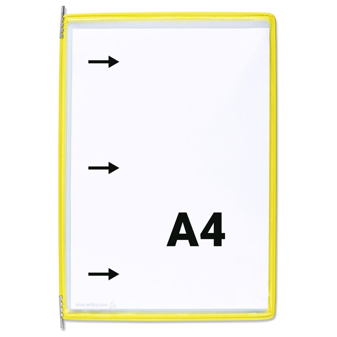 Pochette Tarifold djois à pivot A4 portrait, cadre jaune, de face, chargement par le côté