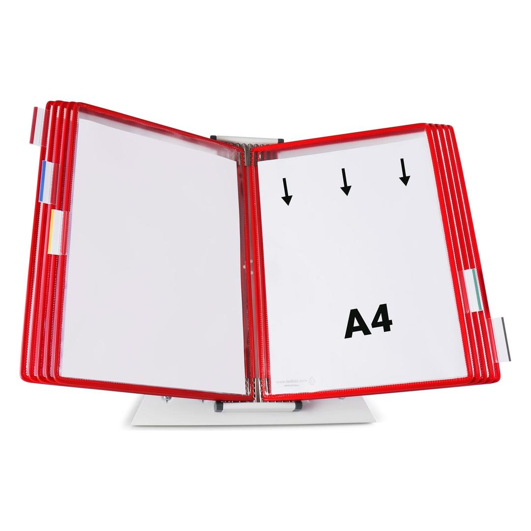 Pupitre de table djois en métal à 10 poches A4 rouges, ouvert
