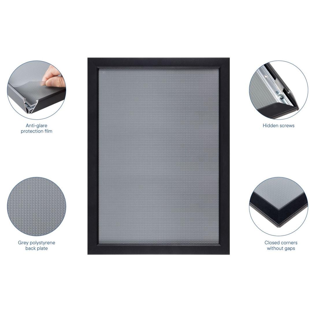Détails du porte affiche EUROPEL Premium+ noir : film antireflet, vis cachées, dos gris, coins fermés