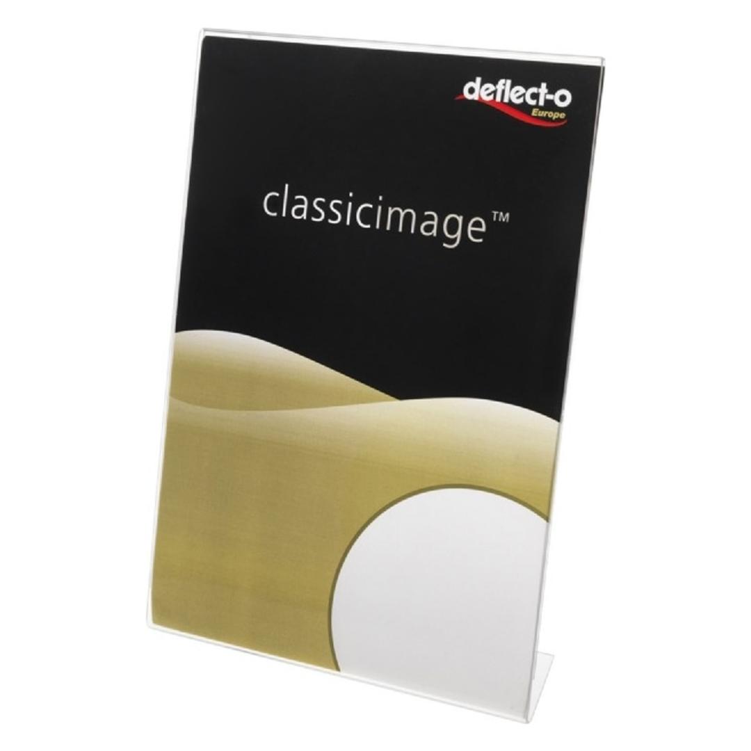 Présentoir de table deflecto A4 portrait, incliné, avec un visuel inséré