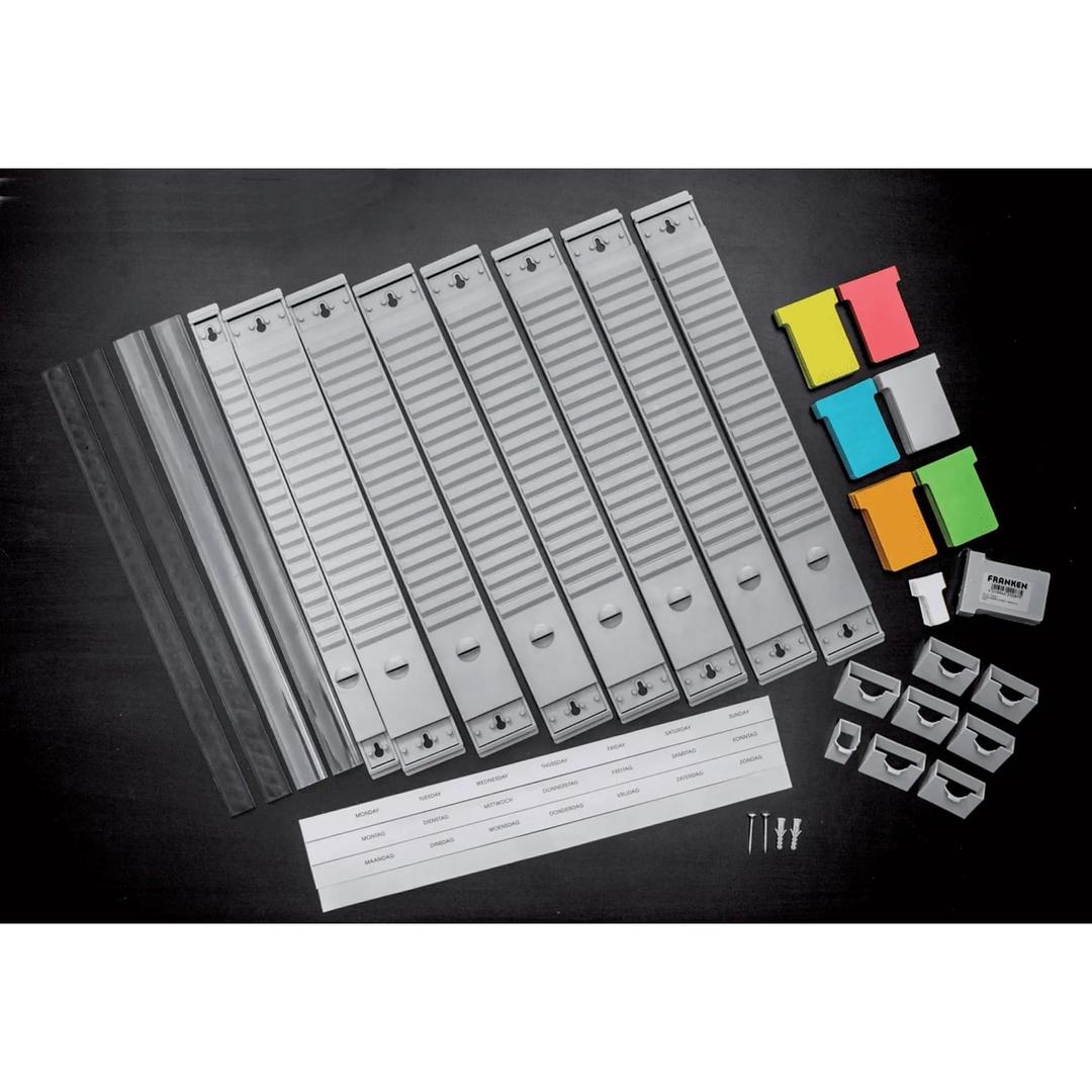 7 colonnes et 1 index de 20 fentes, 474 x 490 mm Planning fiche T OfficePlaner FRANKEN - Contenu du planning FRANKEN PV1020 : supports, fiches, porte-fiches