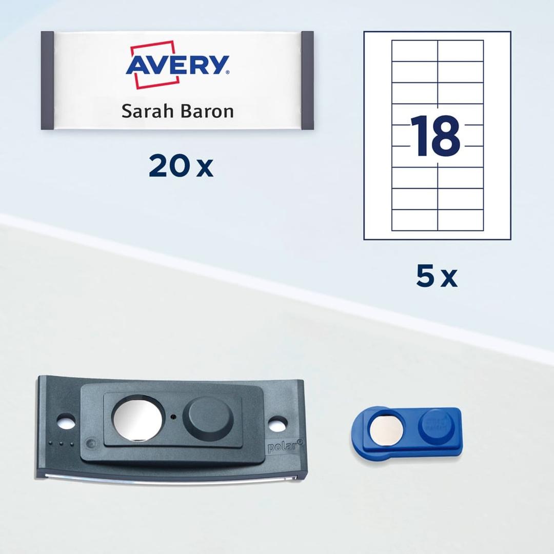 Set de 20 badges magnétiques polar AVERY anthracite avec inserts et aimants
