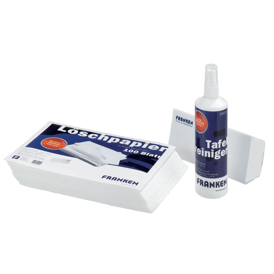 Kit de nettoyage tableau blanc FRANKEN : brosse, papier effaceur et spray