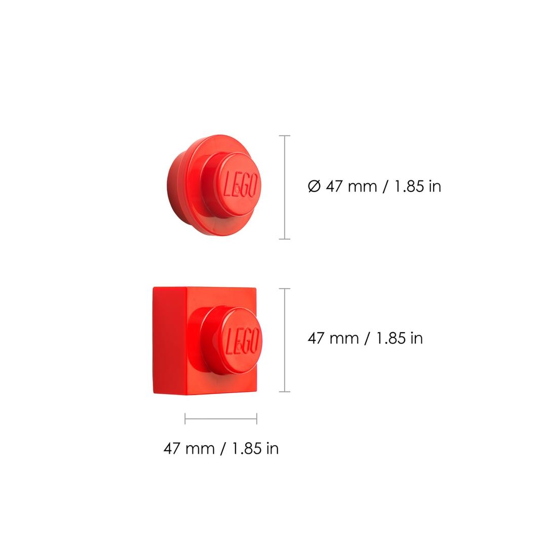 Cotes du set d'aimants briques LEGO : rond de 47 mm et carré de 47 x 47 mm