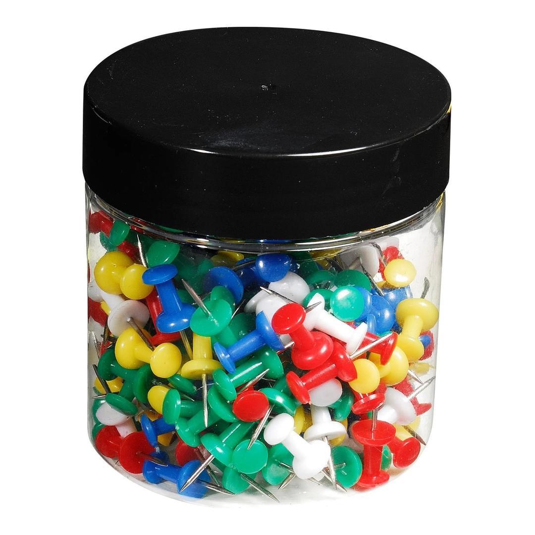 Punaises push pins EXACOMPTA de cinq couleurs dans leur pot de 200