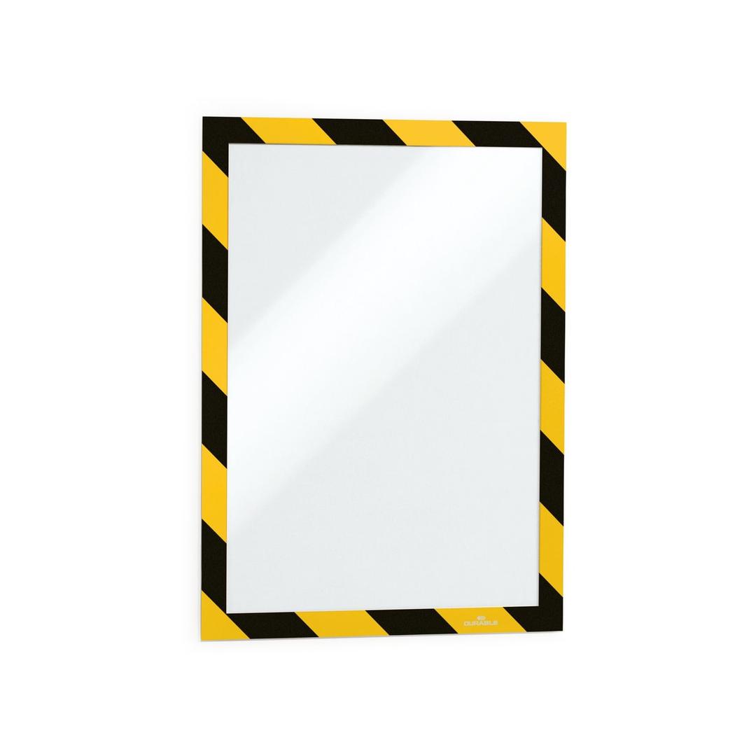 Cadre adhésif de sécurité DURAFRAME SECURITY DURABLE A4 jaune et noir, vue de trois-quarts