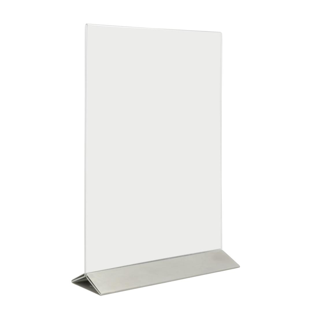 Présentoir de table Securit à socle inox A4 portrait, de trois-quarts