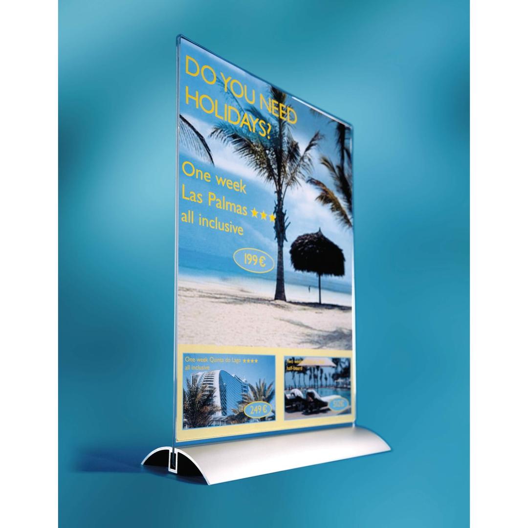 Présentoir de table DURABLE PRESENTER A4 sur fond bleu